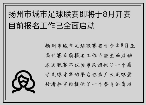 扬州市城市足球联赛即将于8月开赛 目前报名工作已全面启动