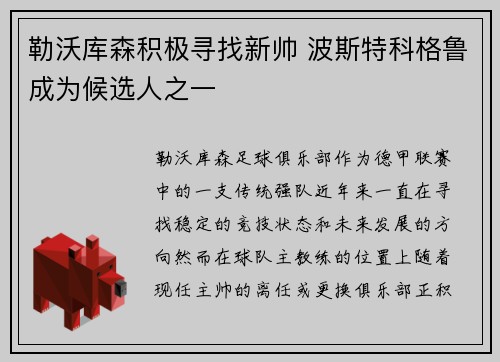 勒沃库森积极寻找新帅 波斯特科格鲁成为候选人之一